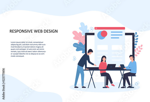 Vector illustration of responsive web design. A team of programmers develops a site, checks adaptation for desktop and mobile devices, conducts cross-browser testing. Template for website landing page