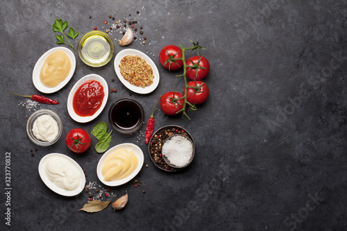 Set of various sauces. Popular sauces in bowls