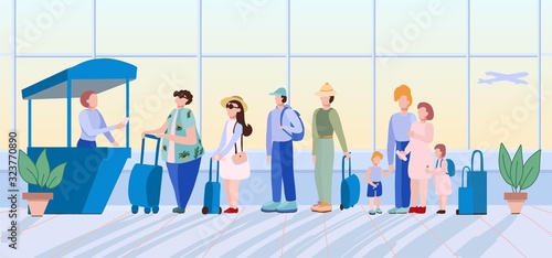 Queue at the airport.Flat concept with people.Registration.People standing in queue or line to check-in desk in order to register for flight.