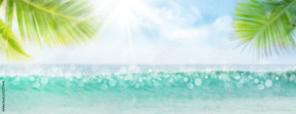 Summer tropical sea with waves, palm leaves and blue sky