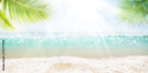 Summer tropical sea with waves, palm leaves and blue sky