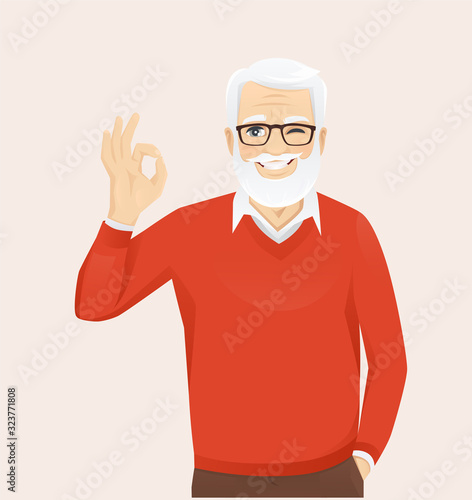 Handsome senior man in casual clothes gesturing ok sign vector illustration