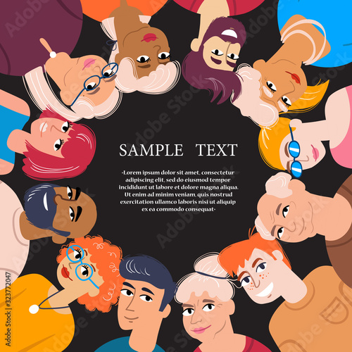 Vector colorful poster with multiracial young and old people. Background on the theme of togetherness. Smiling men and women standing near to each other