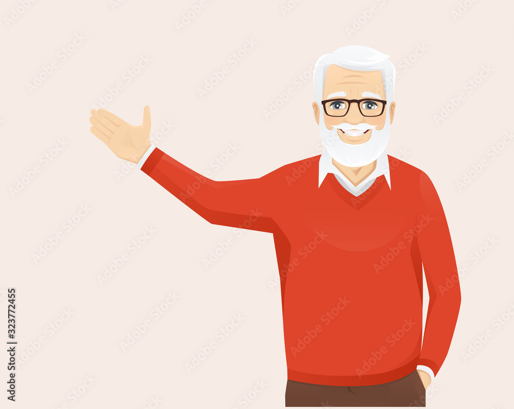 Handsome senior man in casual clothes presenting something showing vector illustration