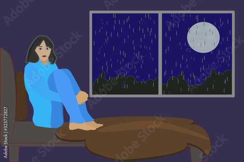 Insomnia. Woman suffers from insomnia in his bed. Flat concept with sad unhappy young woman sitting on a bed in bed at night. Problem of sleep disorder. World Sleep Day. Stock vector illustration