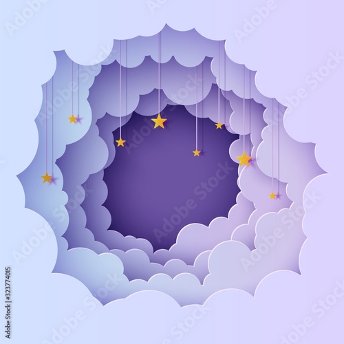 Night sky clouds round frame with stars on rope in paper cut style. Cut out 3d background with violet and blue gradient cloudy landscape papercut art. Vector card for wish good night sweet dreams