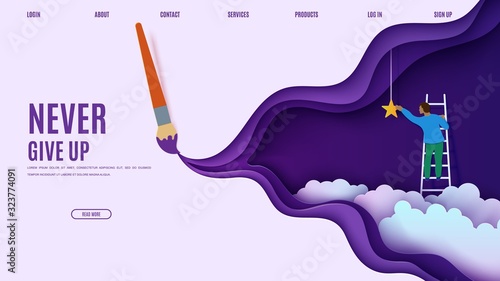 Man on a ladder to pick the star above cloud in paper cut style. Cut out 3d vector website template with paintbrush draw papercut businessman climbing on ladder to sky and trying to catch dream star