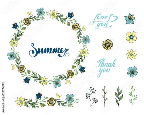 Floral botanical wreath with lettering and elements.Hand drawn artwork.Summer.Love you.Thank you.Set on a white background.