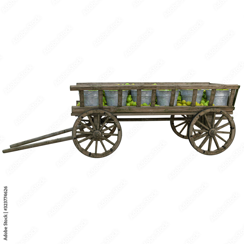 Fototapeta premium Harvest of green pears collected in iron buckets in a wooden cart outside the city.