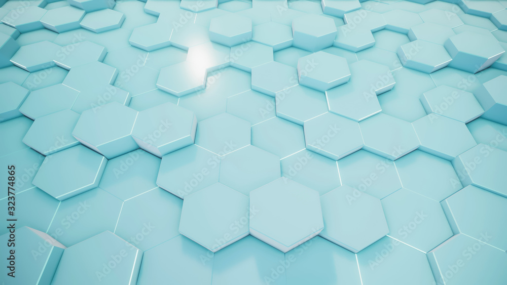 3D rendering of abstract hexagonal geometric surfaces in virtual space 3D rendering of abstract hexagonal geometric surfaces in virtual space