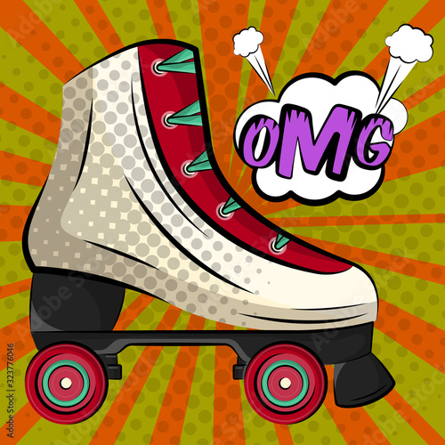 Retro roller skate on a comic background