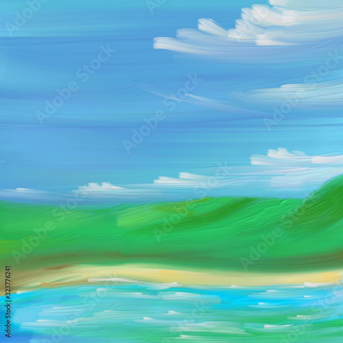 landscape picturesque beach sandy river bank with waves with clouds and a valley painted with oil paint