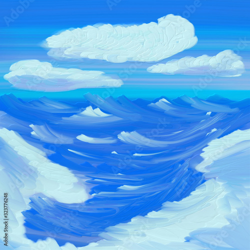 landscape picturesque blue sea with waves and clouds painted with oil paint