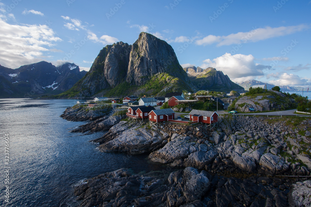 Typical norwegian houses near Reine on the lofoten with beautiful weather