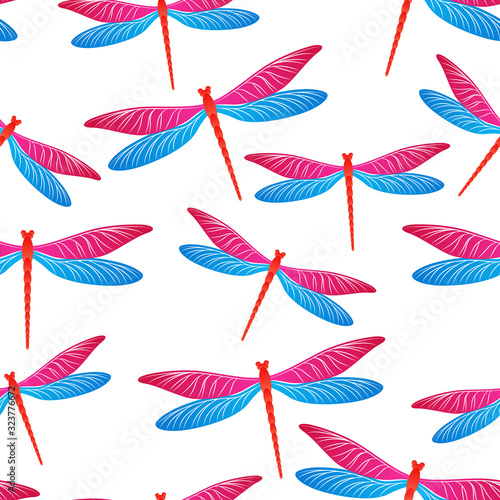Dragonfly beautiful seamless pattern. Spring dress textile print with damselfly insects. Graphic 