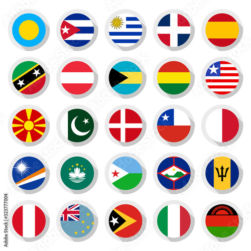 25 Flags of the world, set icons circular shape, flat vector illustration © ecelop
