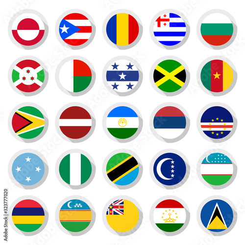 25 Flags of the world, set icons circular shape, flat vector illustration