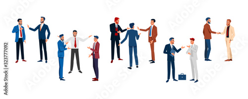 Business forum. Set businessmen different poses isolated flat vector illustration.
