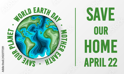 Earth Day papercut concept. Vector Illustration in paper art origami style. Eco friendly brochure concept. Background for world environment day. Save the earth and mother nature. Green day.
