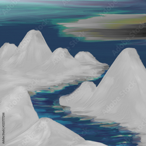 iceberg in antarctica picturesque landscape fast river flows between iceberg snowy mountains at sunset painted with acrylic and oil paint