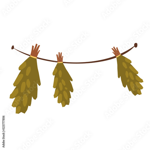Hanging birch brooms for traditional russian banya or finland sauna. Vector cartoon illustration of bunches of medical herbs for alternative therapy isolated on white background