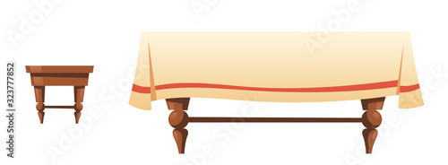Wooden stool and table with linen cloth isolated on white background. Vector cartoon household furniture for kitchen, dining desk with tablecloth and small chair isolated on white background