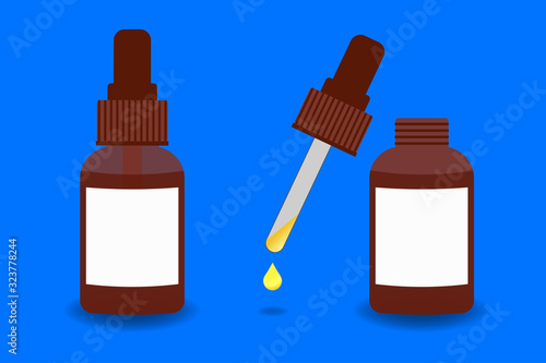 Mockup of oil or serum in a closed bottle and in an open bottle with a pipette and a drop of liquid isolated vector illustration. Serum essence bottle with dropper. Medical, cosmetic, vaping oil.