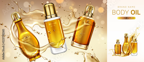 Body oil cosmetics bottles mockup banner. Beauty cosmetic product line for skin moisturizing and treatment on blurred splash background. Advertising promo for magazine. Realistic 3d vector, ad banner