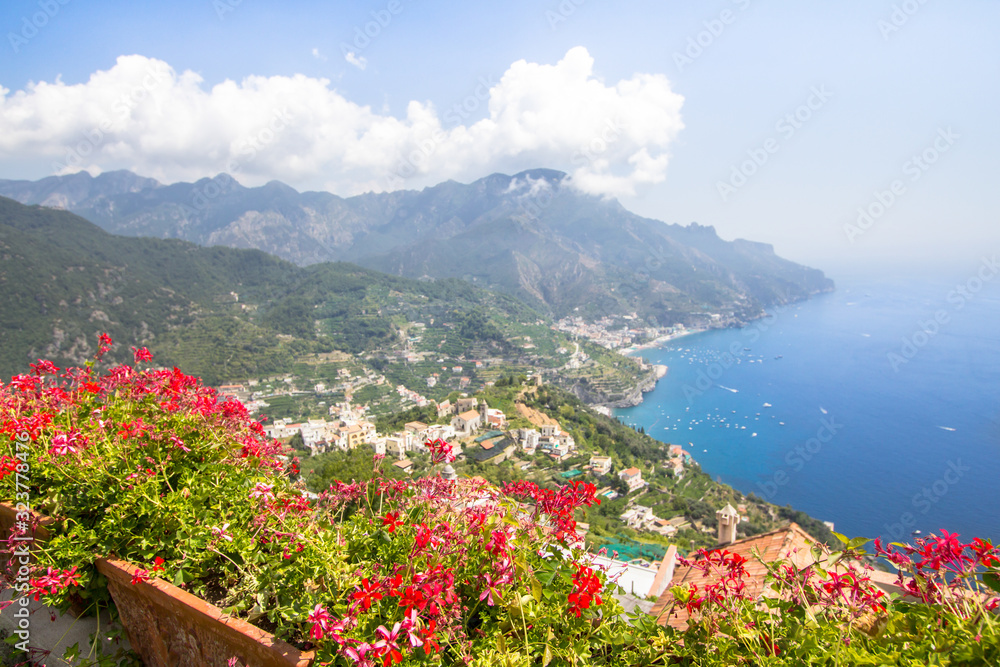 Flower pots on the view point to Amalfi coast, Italy
