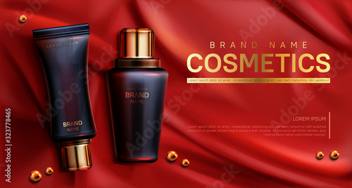 Cosmetics bottles mockup banner. Beauty body care product on red silk draped fabric background with scattered golden pearls. Luxury promo poster template for magazine, realistic 3d vector illustration