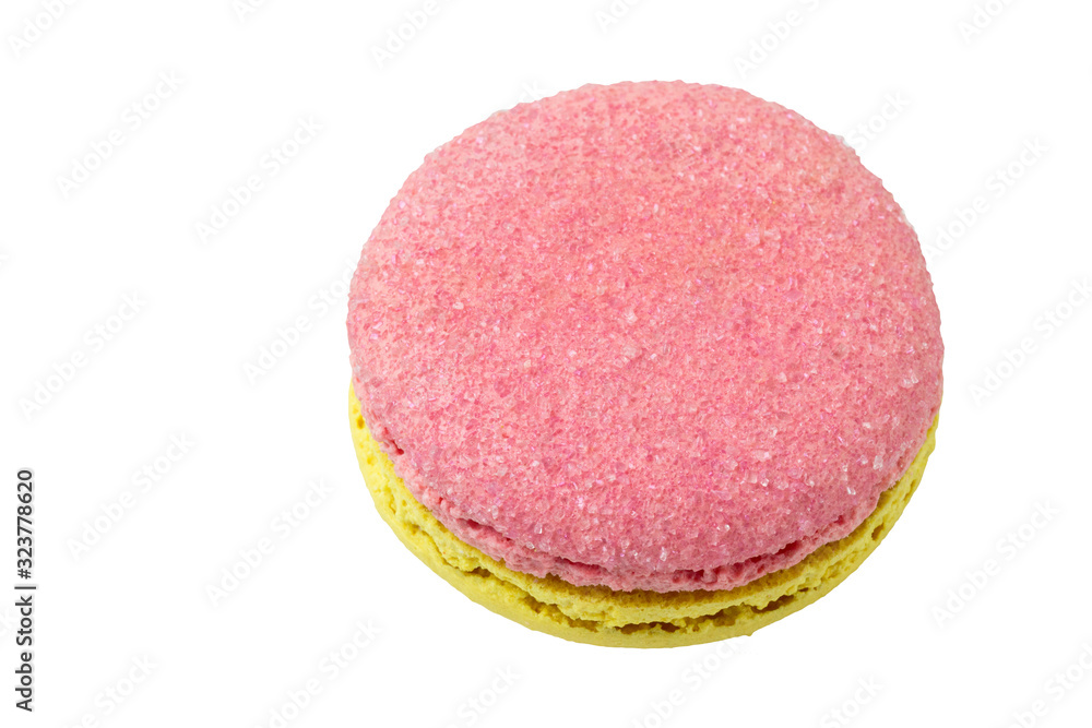 Tasty pink and yellow macaroons isolated on white background. Tasty pink and yellow macaroons isolated on white background.