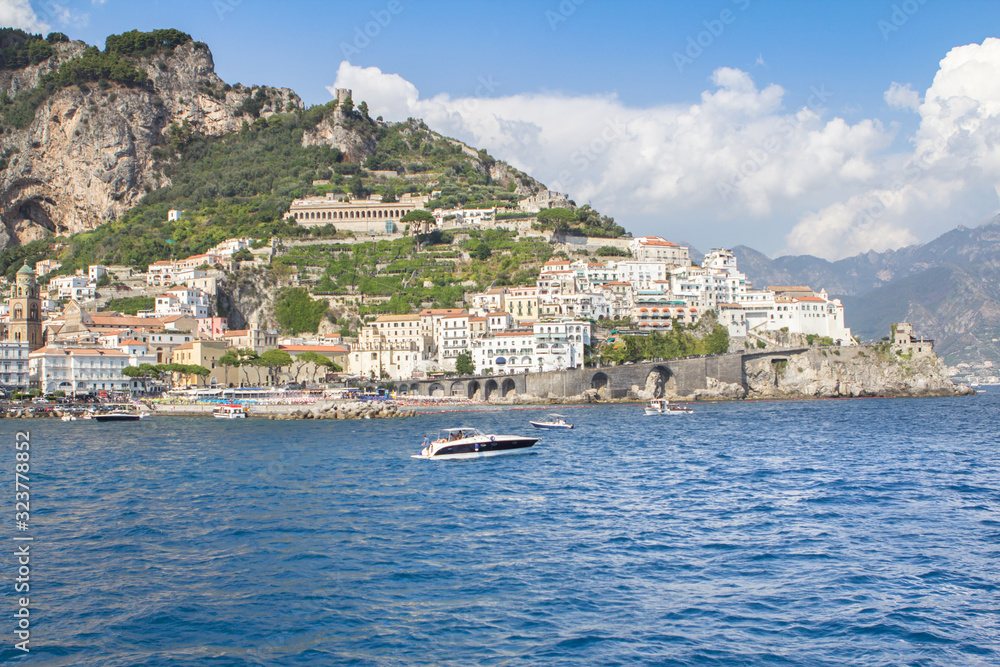 Panoramic view of the Praiano city, Italy