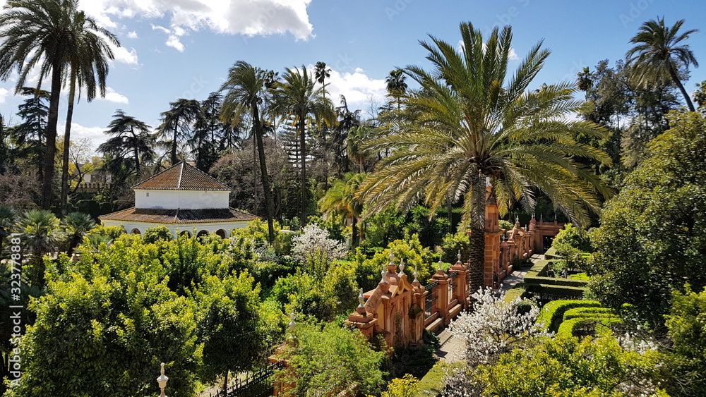 Real Alcazar Gardens in Seville Spain at bright sunlight in march
