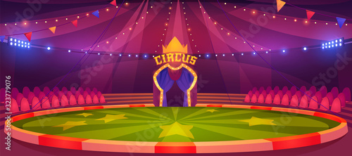 Circus arena, round stage for performance, carnival show. Vector cartoon empty interior inside of cirque tent with scene, seats, flags and searchlights