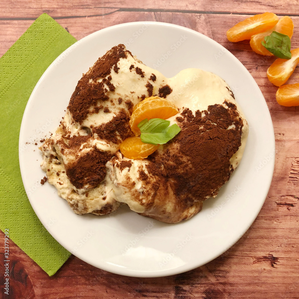 Sweet, homemade tiramisu biscuit with mascarpone cream, espresso, lemons and cocoa. Sweet, homemade tiramisu biscuit with mascarpone cream, espresso, lemons and cocoa.