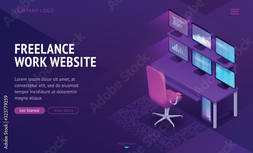 Freelance work website isometric landing page. Workplace with computer table, armchair and many pc monitors. Service for remote distant employees freelancers Cartoon vector Illustration web banner