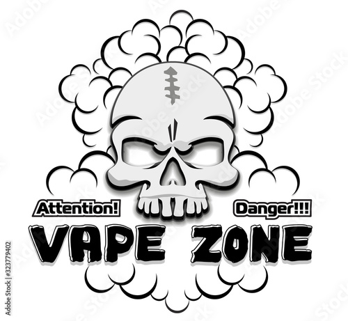 Vape, e-cigarette logo, emblem. Skull with smoke. Illustration, Vector . 