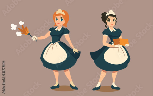 Housemaids with duster and stack of linen or towels. Happy young girls in black maid uniform. Female housekeepers in hotel or luxury house, cleaning service. Cartoon characters vector illustration