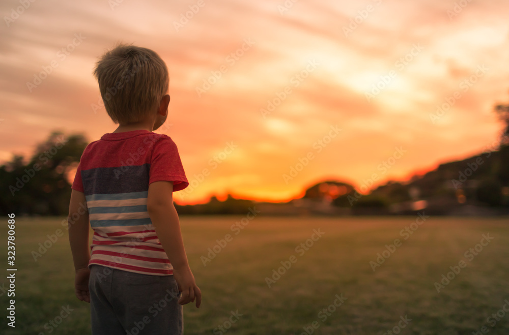 Little child, boy looking at the colorful sunset. 