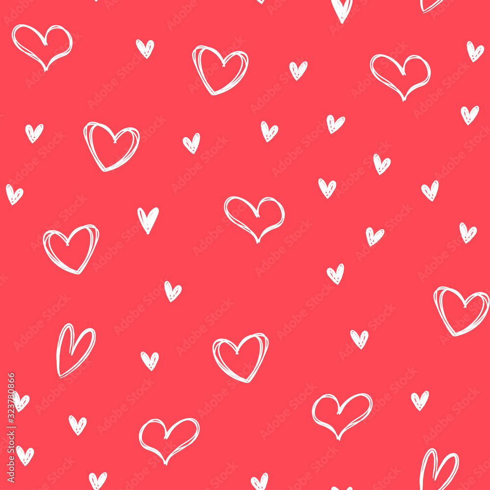 Hand drawn hearts seamless pattern. Love heart doodles texture background.