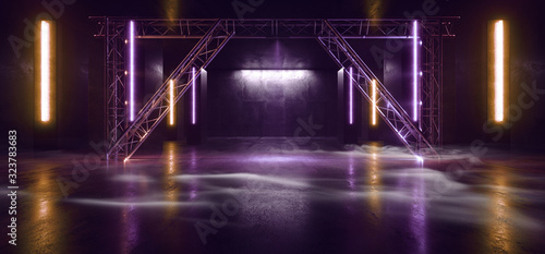 Smoke Sci Fi Futuristic Triangle Arc Gate Neon Laser Pantone Purple Violet Orange Modern Alien Fashion Dance Club Showroom Hallway Tunnel Corridor Concrete Cyber Virtual 3D Rendering