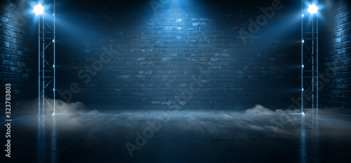 Smoke Fog Neon Spotlights Show Dance Club Blue Pantone Classic Retro Podium Stage Concrete Floor Brick Walls Underground Garage 3D Rendering