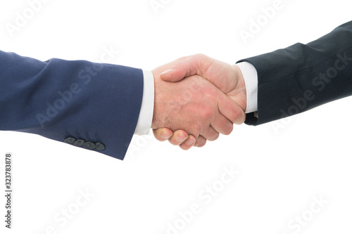 Handshake deal. Handshake isolated on white. Business agreement. Contract or cooperation. Companionship or partnership. Handshake greeting or parting. Handshake gesture. Shaking hands.