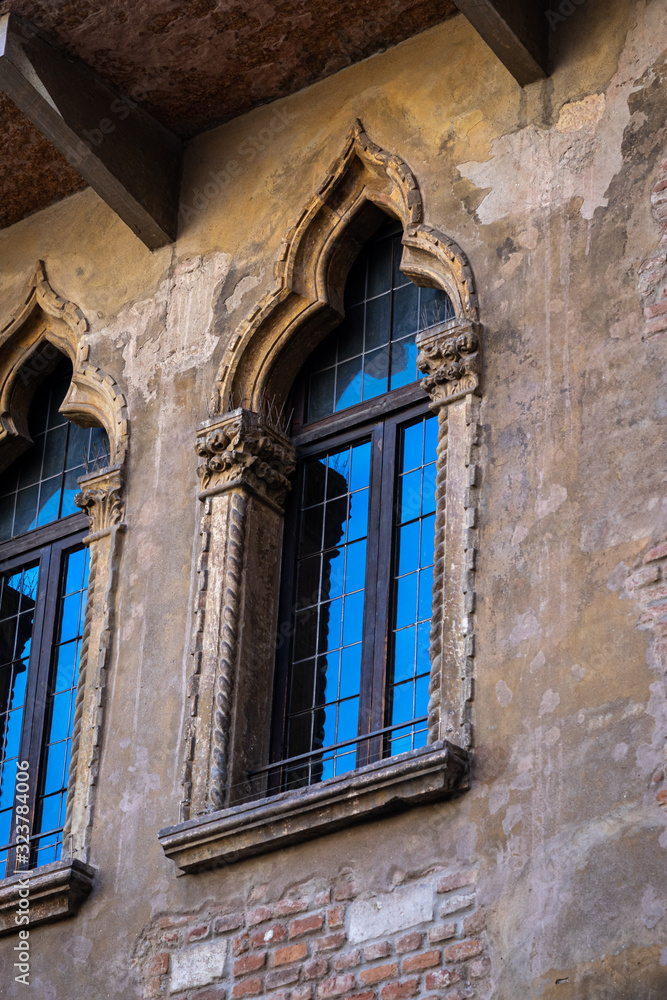 Verona, Italy. Gothic architecture of a window of a palace of the 300