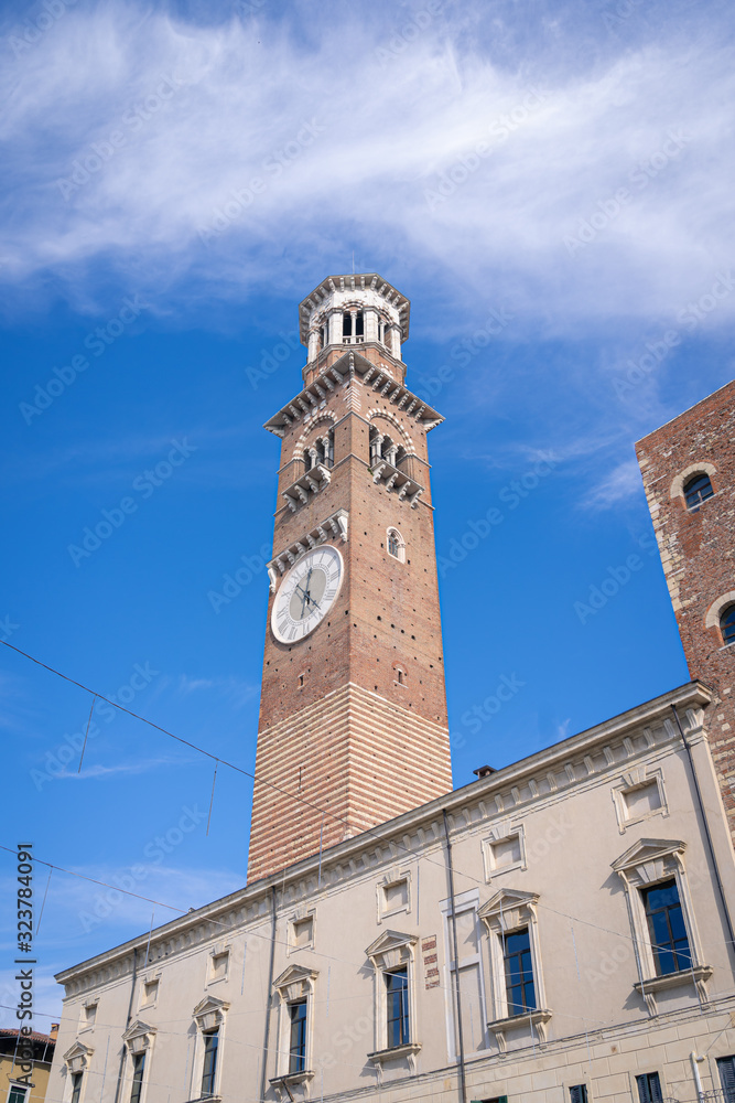 Verona, Italy. Lamberti tower in the historic city center