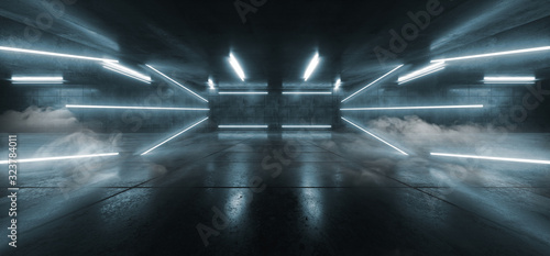 Smoke Sci Fi Futuristic Arc Gate Neon Laser Pantone Blue Modern Alien Fashion Dance Club Showroom Garage Tunnel Corridor Concrete Cyber Underground 3D Rendering