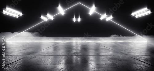 Fototapeta Naklejka Na Ścianę i Meble -  Smoke Sci Fi Futuristic Arc Gate Neon Laser White Modern Alien Fashion Dance Club Showroom Garage Tunnel Corridor Concrete Cyber Underground 3D Rendering