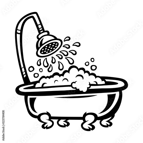 Old-fashioned vintage clawfoot bathtub with showerhead and bubbles -- in fun cartoon illustration style