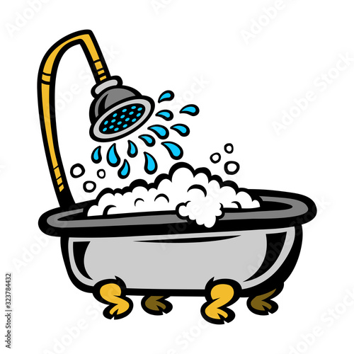 Old-fashioned vintage clawfoot bathtub with showerhead and bubbles -- in fun cartoon illustration style