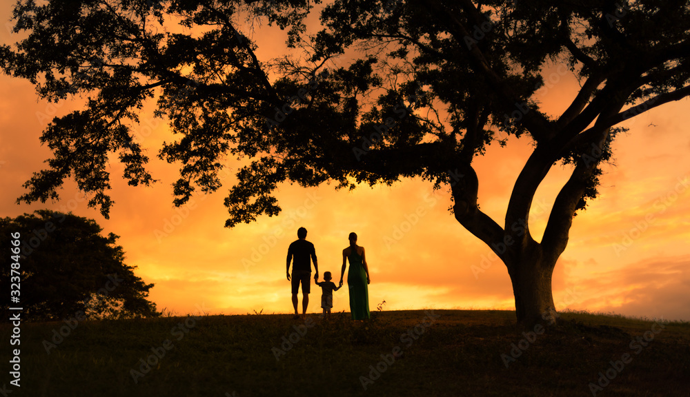 Family waking together in nature sunset holding hands. 